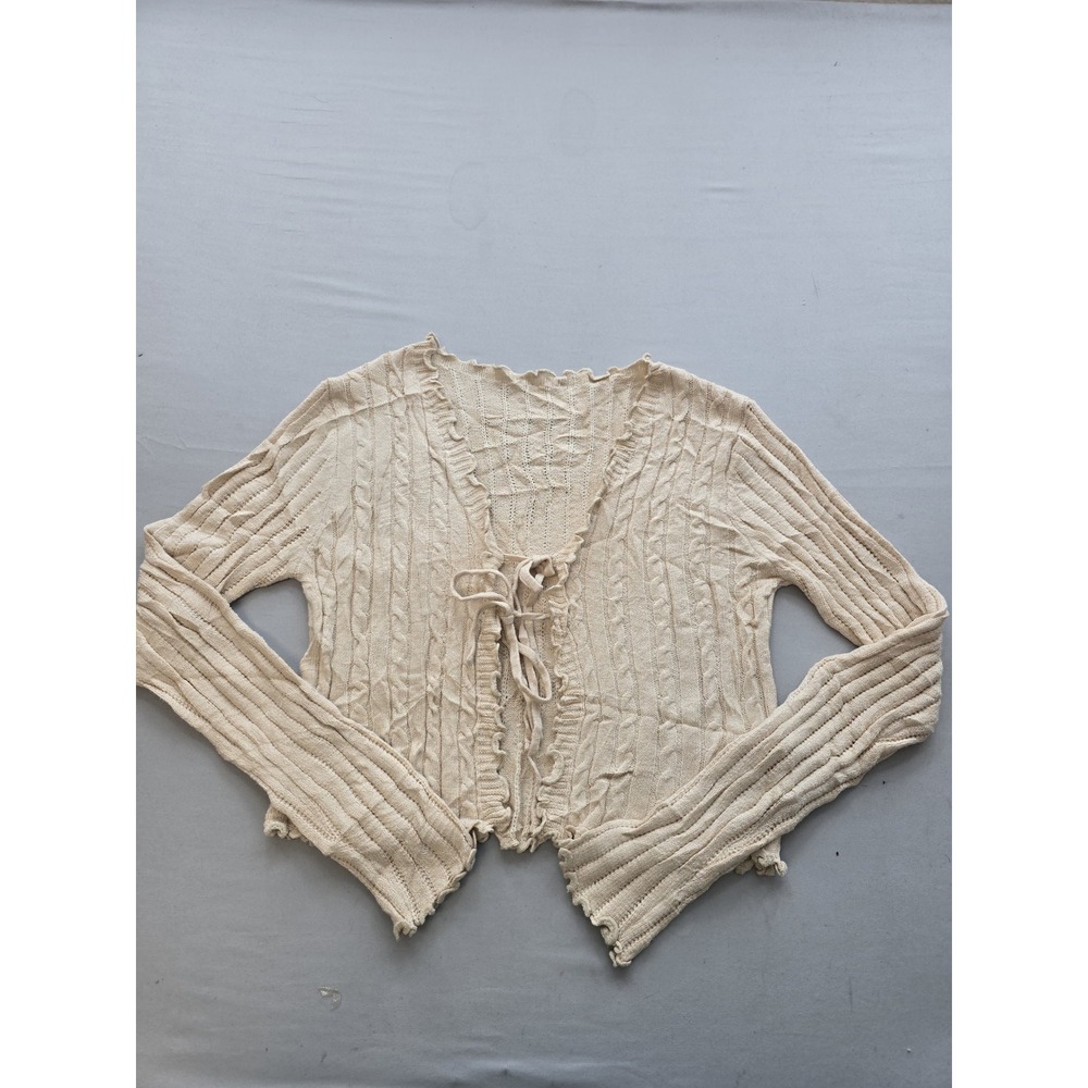 SHEIN Beige Cable Knit Tie Front Cardigan Lettuce Trim Long Sleeve Top Large